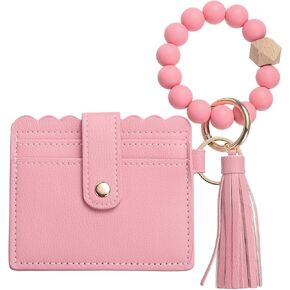 Card Holder Wallet with Silicone Beaded Bracelet, Slim PU Leather Wallet for Women, Compact and Lightweight Design for Daily Use, Red