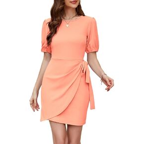 Lyrur Women's Summer Mini Dresses 2025 Spring Puff Sleeve Tie Tie Weist Faux Wrap Slim Fit Light Out Body Bodycon Dress