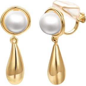 Pearl Clip On Earrings for Women Chunky Gold Drop Earrings for Women Lightweight Hollow 18K Gold Plated Hypoallergenic Jewelry