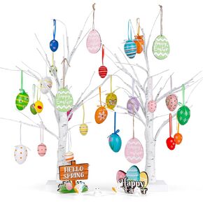 Woiworco 2 Pack Easter Tree, Easter Decorations with Light, 24pcs Egg Ornaments, Lighted White Birch Tree with USB or Battery Operated for Spring Party Home Table Centerpiece Decor (2 Pack, 24 LED)