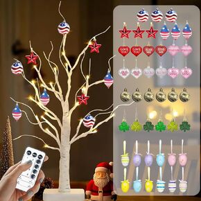 4th of July Tree Decorations, 23.6" Lighted Birch Tree with 45pcs Ornaments Set for Valentines, St.Patrick, Easter, Heart Shamrock, Artificial Tree Table Lamp with Remote 【USB/3AA Battery】