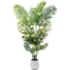 شجرة نخيل الاصطناعية 6 قدم مع مصابيح خرافية LED والمزرعة البيضاء - مصنع النخيل الاستوائي النابض بالحياة مع جذع واقعي وفروع قابلة للتعديل للمكتب المنزلي الداخلي غرفة المعيشة الزاوية