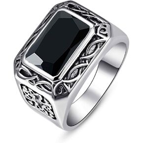 12x8mm Simulated Mens Emerald|Ruby Sapphire|Onyx Ring Stainless Steel Vintage Celtic Design Mens Ring Signet Style Rings for Men Wedding Gift for Husband, Father, Grandpa Size 8-12