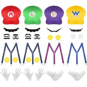 4pcs super bros hats accessories مجموعة Mary Luigy Caps ، شوارب ، حمالات ، أزرار القفازات أزياء Cosplay Halloween (Red+Green+Purple+Yellow)
