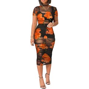 Mojessy Sheer Dress for Women Sexy Short Sleeve Ruched Mesh Bodycon Dress Adjustable Strap Top Mini Skirt 3 Piece Outfits Set in Saudi Arabia