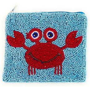 TWINE AND LOVE Crab Beaded Pouch Purse, Blue Beaded Coin Purse, Small Wallets for Her, Women's Beach Lover Coin Purse, Ivory