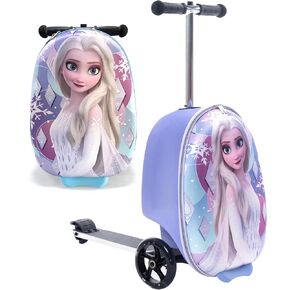 Fast Forward Frozen Scooter Suitcase for Kids – 18" Lightweight Disney Frozen Suitcase for Girls – Ride On Suitcase 4" Wider Non-Slip Standing Deck with Weight Limit (Luggage 11lbs and Scooter 100lbs)