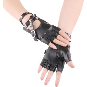 Fingerless PU Leather Gloves Rivets Belt Punk Half Finger Biker Gloves For Small Hand Costume Accessories