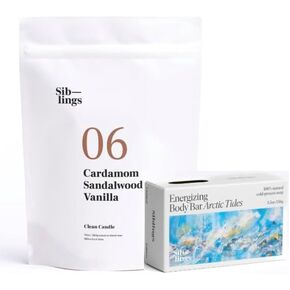 Siblings Essentials - Candle Refill Kit, DIY Candle Kit | (No 06: Cardamom, Sandalwood, Vanilla) and Rejuvenating Body Bar Soap (Arctic Tides)