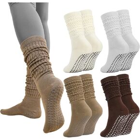 Jspupifip 4 Pairs Pilates Socks with Grips for Women, Long Slouch Non Slip Yoga Scrunch Socks for Barre Hospital Workout