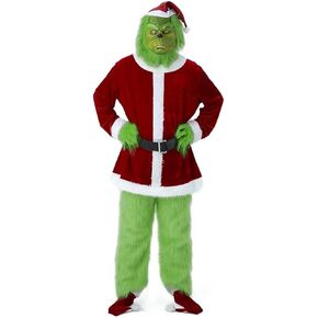 7pcs Christmas Green Monster Assume ، بدلة عيد الميلاد سانتا للرجال البالغين مع قناع