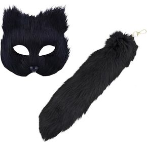 Wolf Therian Mask Therian Set Fox Masquerade Mask and Tail for Women Halloween Costume Wolf Furry Cat Costume Set for Cosplay Fancy Party Black