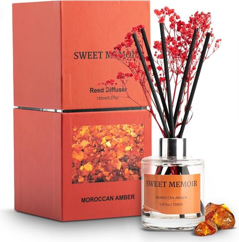 Essential Oil Reed Diffuser Set, Moroccan Amber Fragrance Diffusing Sticks with 150 mL Decorative Bottle and Preserved Flowers, Soft Aromatherapy Gift, Home or Office Décor with Gift Box in Saudi Arabia