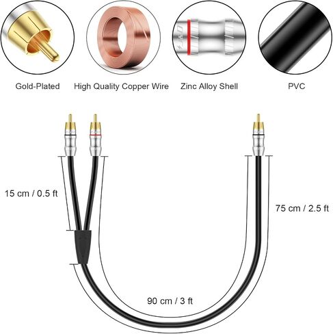كابل J&D RCA، 1 RCA ذكر إلى 2 RCA ذكر Y-Splitter كابل صوت ستيريو رقمي سلك مضخم صوت لمضخم الصوت، المسرح المنزلي، 6 أقدام in Kuwait