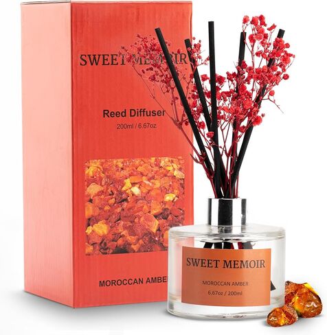 Essential Oil Reed Diffuser Set, Moroccan Amber Fragrance Diffusing Sticks with 150 mL Decorative Bottle and Preserved Flowers, Soft Aromatherapy Gift, Home or Office Décor with Gift Box in Saudi Arabia