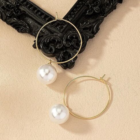 Pearl Hoop Earrings 14K Gold Plated Drop Dangle Earrings For Women Trendy Round Simulated Shell Pearl Earrings in Saudi Arabia