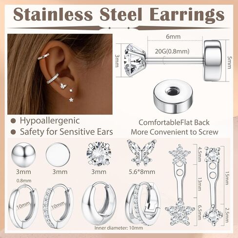 Hypoallergenic Flat Back Earrings For Women - Gold Stud Hoop Earrings Surgical Steel Stud Earring Small 14K Gold Huggie Hoops Cartilage Earring Set For Multiple Piercing in Kuwait