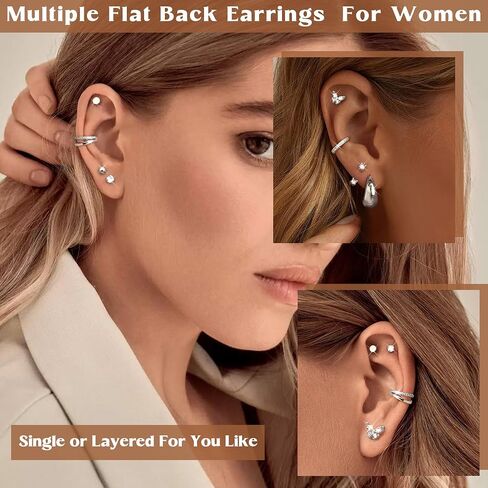 Hypoallergenic Flat Back Earrings For Women - Gold Stud Hoop Earrings Surgical Steel Stud Earring Small 14K Gold Huggie Hoops Cartilage Earring Set For Multiple Piercing in Kuwait