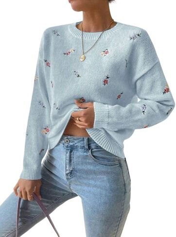 chouyatou Women's Ditsy Floral Embroidered Pullover Sweater Color Block Loose Fit Knit Jumper Tops in Kuwait