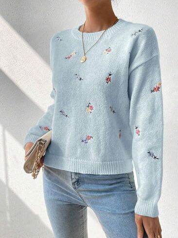 chouyatou Women's Ditsy Floral Embroidered Pullover Sweater Color Block Loose Fit Knit Jumper Tops in Kuwait