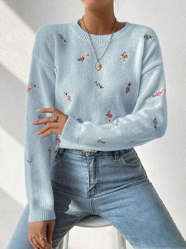 chouyatou Women's Ditsy Floral Embroidered Pullover Sweater Color Block Loose Fit Knit Jumper Tops in Kuwait