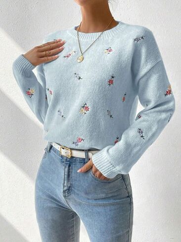 chouyatou Women's Ditsy Floral Embroidered Pullover Sweater Color Block Loose Fit Knit Jumper Tops in Kuwait