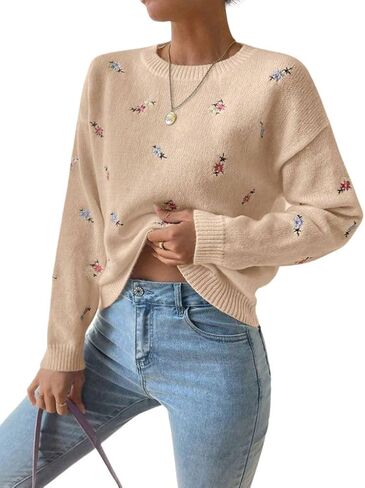 chouyatou Women's Ditsy Floral Embroidered Pullover Sweater Color Block Loose Fit Knit Jumper Tops in Kuwait