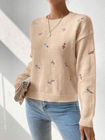 chouyatou Women's Ditsy Floral Embroidered Pullover Sweater Color Block Loose Fit Knit Jumper Tops in Kuwait