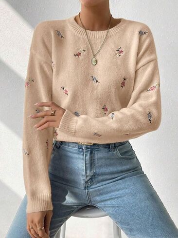 chouyatou Women's Ditsy Floral Embroidered Pullover Sweater Color Block Loose Fit Knit Jumper Tops in Kuwait