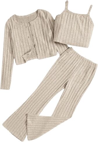 MakeMeChic Girl's 3 Piece Outfits Ribbed Knit Button Down Long Sleeve Cardigan and Flared Pants with Cami Crop Tops in Saudi Arabia