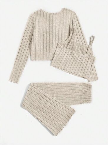 MakeMeChic Girl's 3 Piece Outfits Ribbed Knit Button Down Long Sleeve Cardigan and Flared Pants with Cami Crop Tops in Saudi Arabia