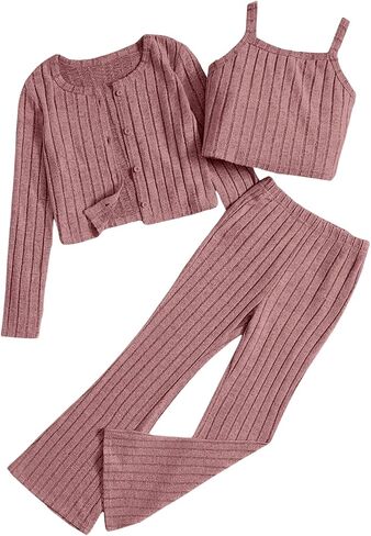 MakeMeChic Girl's 3 Piece Outfits Ribbed Knit Button Down Long Sleeve Cardigan and Flared Pants with Cami Crop Tops in Saudi Arabia