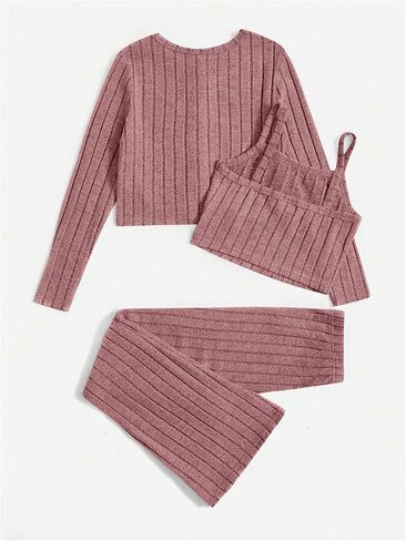 MakeMeChic Girl's 3 Piece Outfits Ribbed Knit Button Down Long Sleeve Cardigan and Flared Pants with Cami Crop Tops in Saudi Arabia
