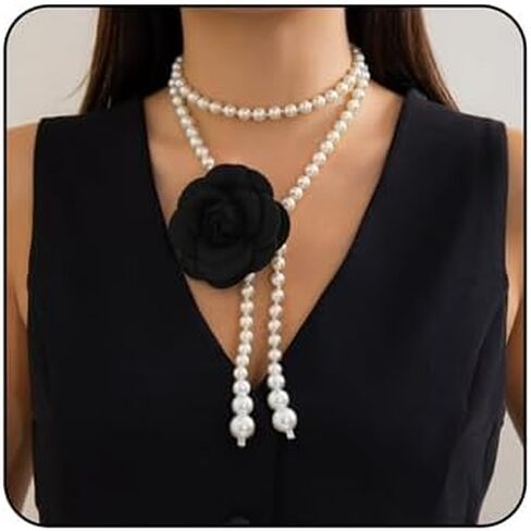 Camellia Pearl Necklace Multilayer Pearl Wrapping Choker Necklace Black White Camellia Flower Choker Long Tassel Pearls Pendant Necklace Wedding Bridal Party Dress Jewelry for Women in Saudi Arabia