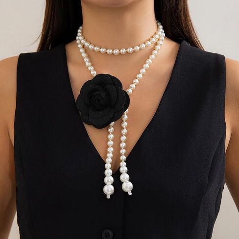 Camellia Pearl Necklace Multilayer Pearl Wrapping Choker Necklace Black White Camellia Flower Choker Long Tassel Pearls Pendant Necklace Wedding Bridal Party Dress Jewelry for Women in Saudi Arabia