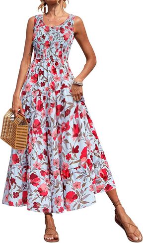 PRETTYGARDEN Smocked Tank Floral Maxi Dresses for Women 2025 Wedding Guest Dress Sleeveless Flowy Long Sundress with Pockets in Kuwait