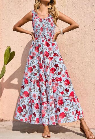 PRETTYGARDEN Smocked Tank Floral Maxi Dresses for Women 2025 Wedding Guest Dress Sleeveless Flowy Long Sundress with Pockets in Kuwait