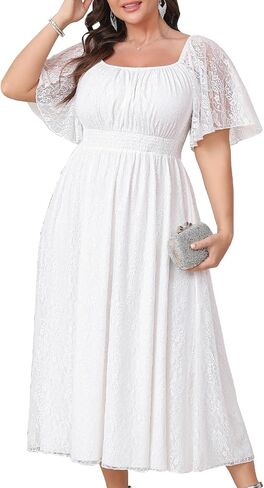 Women's Plus Size Wedding Guest Dress Lace Square Neck Short Sleeve Flowy A Line Formal Maxi Dresses in Kuwait
