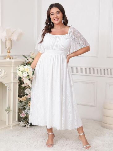 Women's Plus Size Wedding Guest Dress Lace Square Neck Short Sleeve Flowy A Line Formal Maxi Dresses in Kuwait