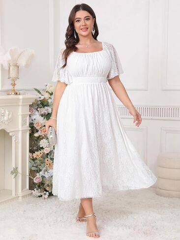 Women's Plus Size Wedding Guest Dress Lace Square Neck Short Sleeve Flowy A Line Formal Maxi Dresses in Kuwait