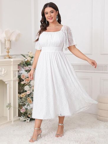 Women's Plus Size Wedding Guest Dress Lace Square Neck Short Sleeve Flowy A Line Formal Maxi Dresses in Kuwait