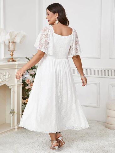 Women's Plus Size Wedding Guest Dress Lace Square Neck Short Sleeve Flowy A Line Formal Maxi Dresses in Kuwait