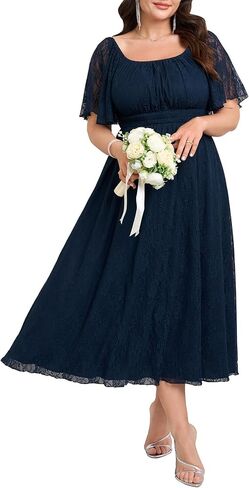 Women's Plus Size Wedding Guest Dress Lace Square Neck Short Sleeve Flowy A Line Formal Maxi Dresses in Kuwait