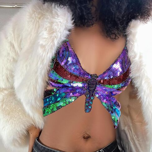 Butterfly Tops for Women Rave Tops, Sequin Halter Top, Sparkly Butterfly Crop Top, Dance Outfit, Halloween Costume in Kuwait