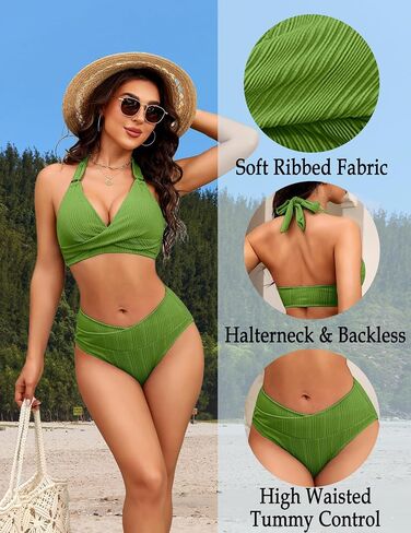 AI'MAGE Womens High Waisted Bikini Sets Tummy Control Two Piece Swimsuit 2025 Ribbed Color Block Halter Bathing Suits in Saudi Arabia