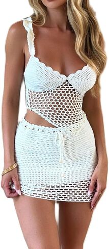 Sunloudy Women 2Pcs Crochet Knit Skirt Set Tube Crop Top + High Waist Bodycon Skirt Cover Up Beachwear in Saudi Arabia