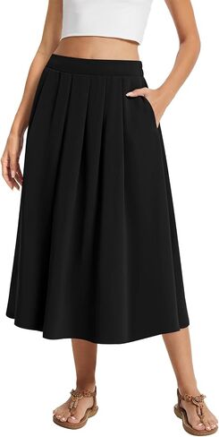 DouBCQ Midi Skirt for Women Summer Pleated A Line High Waisted Flared Skirts with Pockets in Saudi Arabia