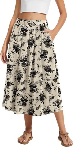 DouBCQ Midi Skirt for Women Summer Pleated A Line High Waisted Flared Skirts with Pockets in Saudi Arabia