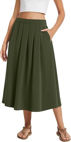 DouBCQ Midi Skirt for Women Summer Pleated A Line High Waisted Flared Skirts with Pockets in Saudi Arabia