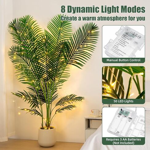 شجرة نخيل الاصطناعية 6 قدم مع مصابيح خرافية LED والمزرعة البيضاء - مصنع النخيل الاستوائي النابض بالحياة مع جذع واقعي وفروع قابلة للتعديل للمكتب المنزلي الداخلي غرفة المعيشة الزاوية in Kuwait